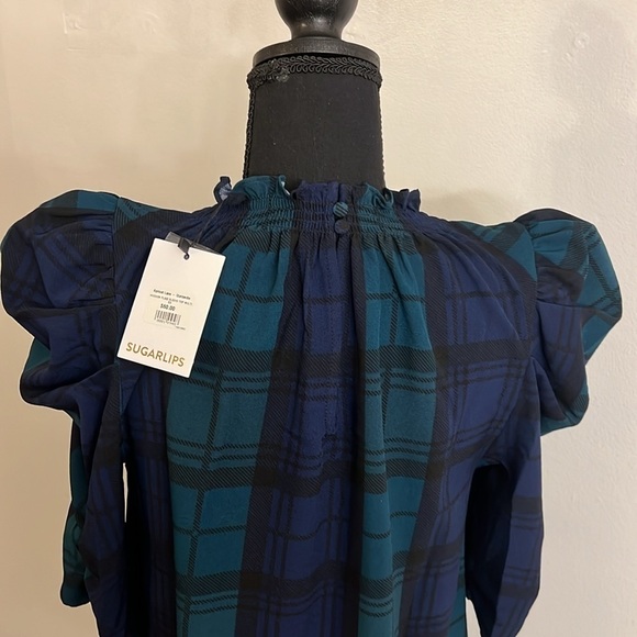NWT Sugarlips Hudson Plaid Drape Sleeve Top Curve Blouse, Sz. XS. - Picture 6 of 13